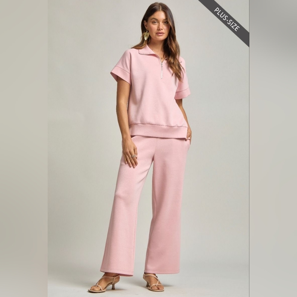 Pink Short Sleeve Zip-Up Lounge Set